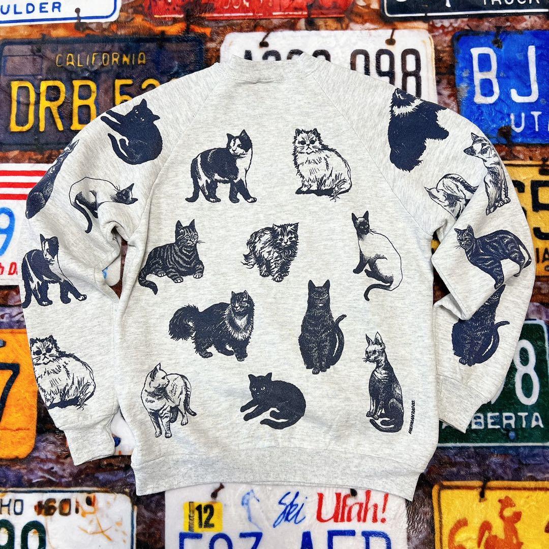 n*様 90s USA製 JERZEES 総柄 キャット　スウェット L 猫 ア