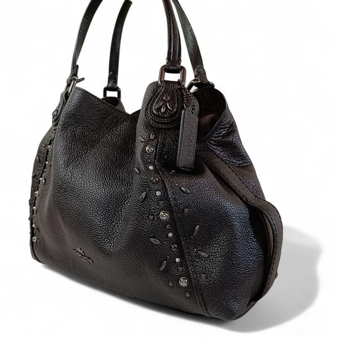 美品 正規品 コーチ COACH レザー ハンドバッグ スタッズ 黒 ブラック