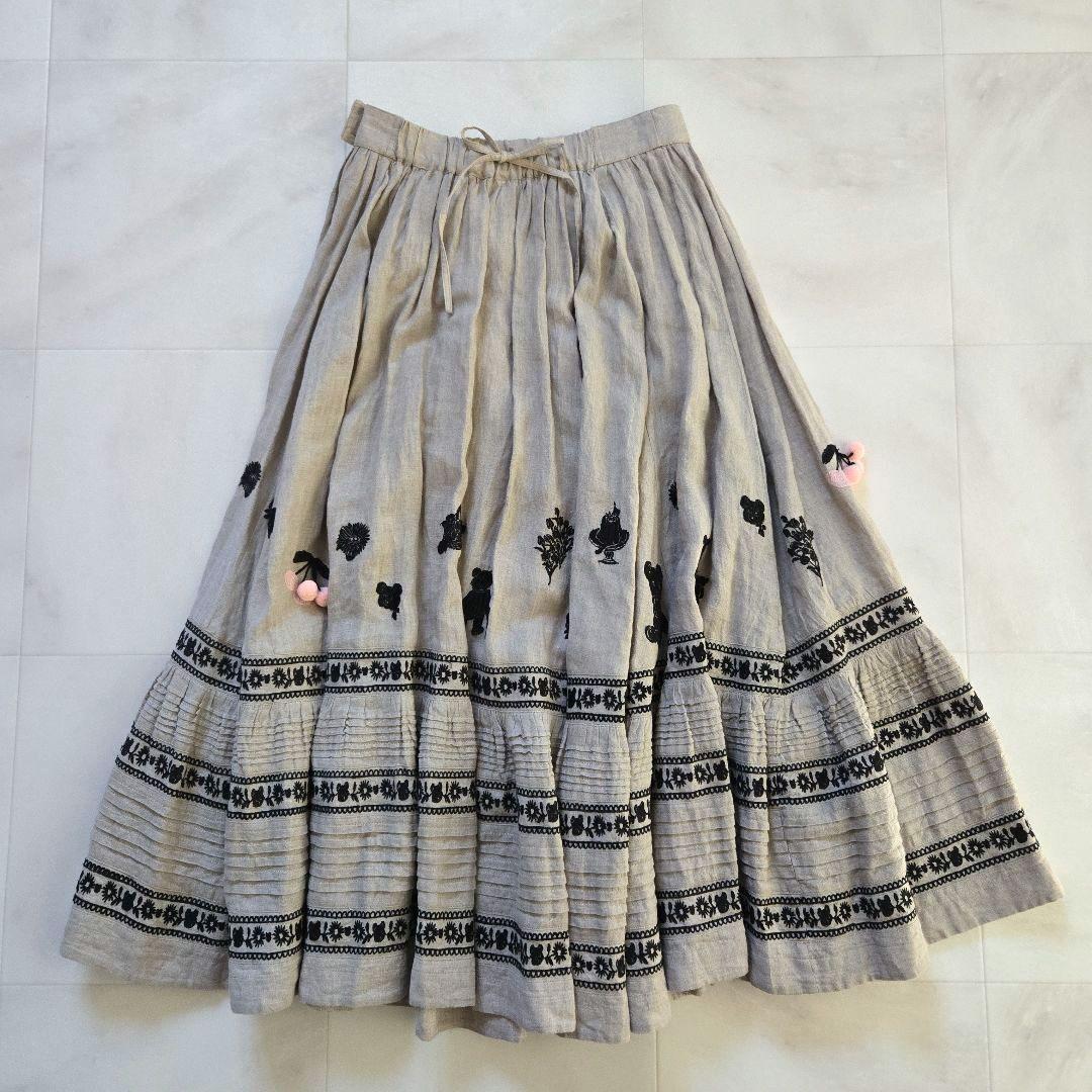 yukiemon ユキエモン リネン ピンタック 刺繍 ロング スカート M