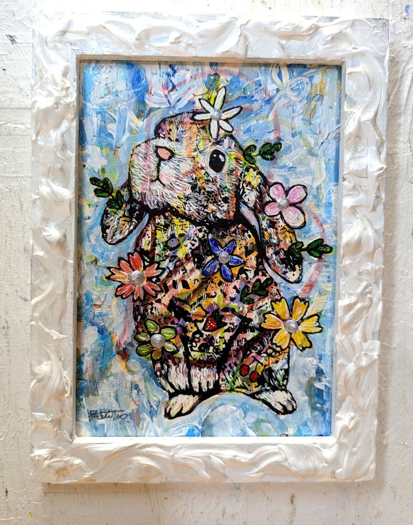 手作り額付き作品　title「静かなる月下の夢ウサギ」