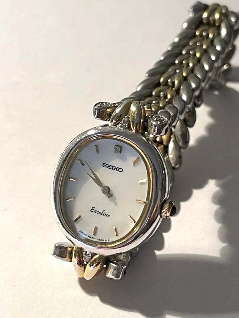 SEIKO エクセリーヌ　腕時計　コンビ　シェル盤　1Pダイヤ　ダイヤベルト