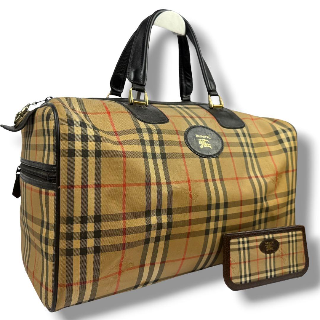 バーバリーズ ノバチェック ボストンバッグ ホースロゴ ポーチ付き 内側ベタ無し