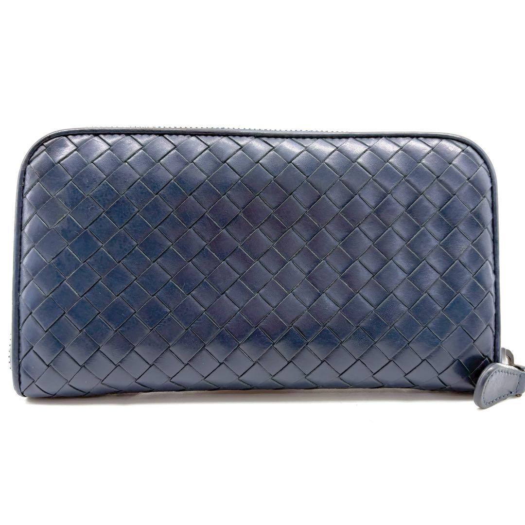 【美品】BOTTEGA　長財布　ラウンドジップ　ネイビー　青系　イントレチャート