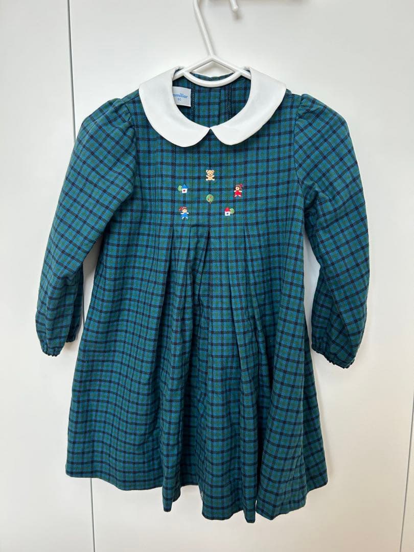 【現行品】ファミリア◇familiar◇グリーンチェックワンピース90cm