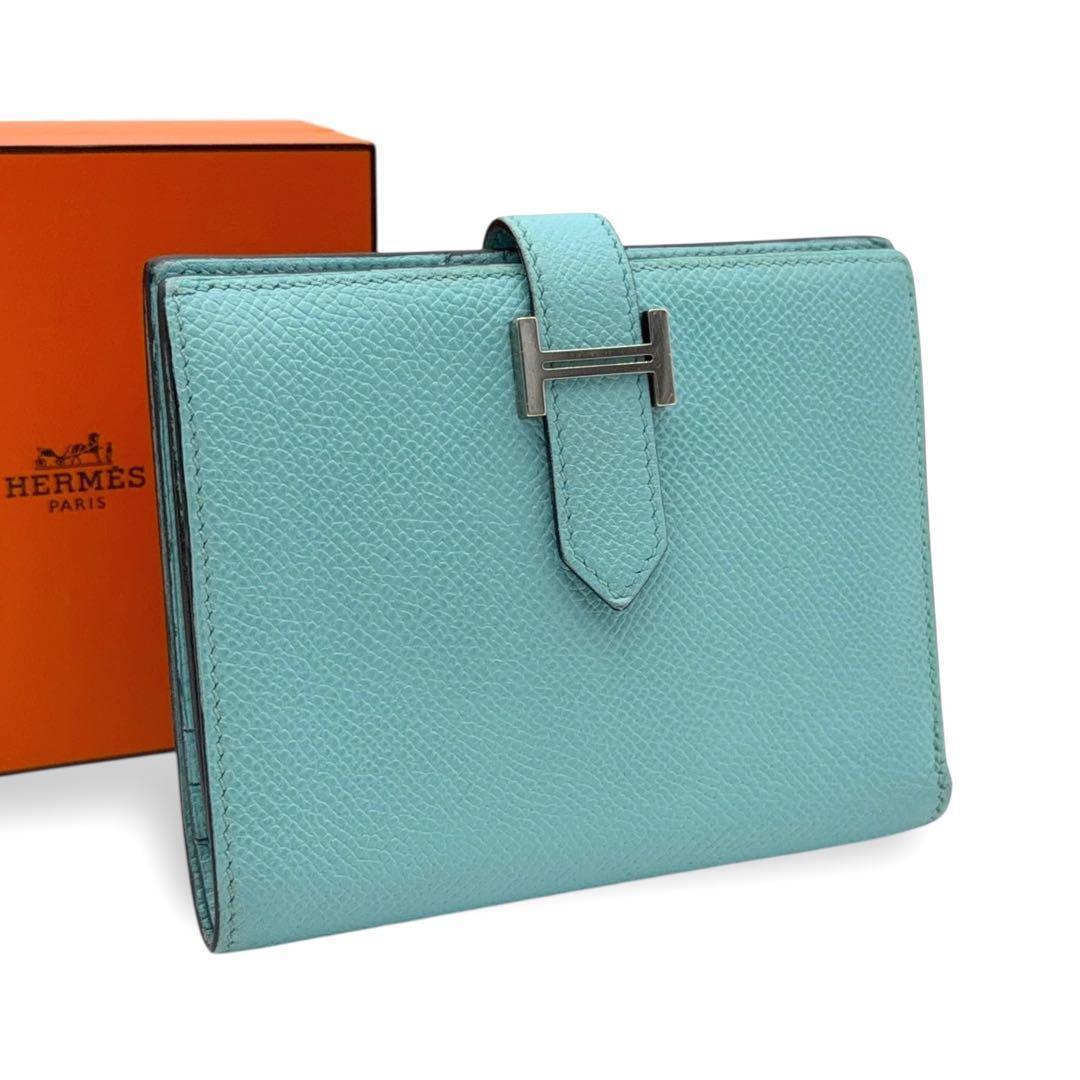 【極美品】エルメス べアンコンパクト ブルージーン T刻印 シルバー 折り財布