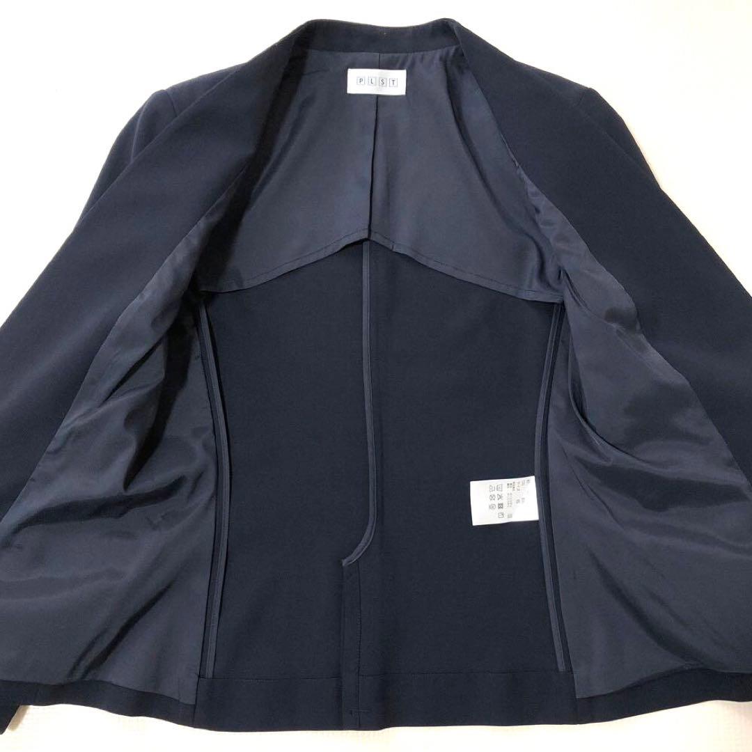 美品 PLST プラステ パンツスーツ 上下セットネイビー ノーカラー