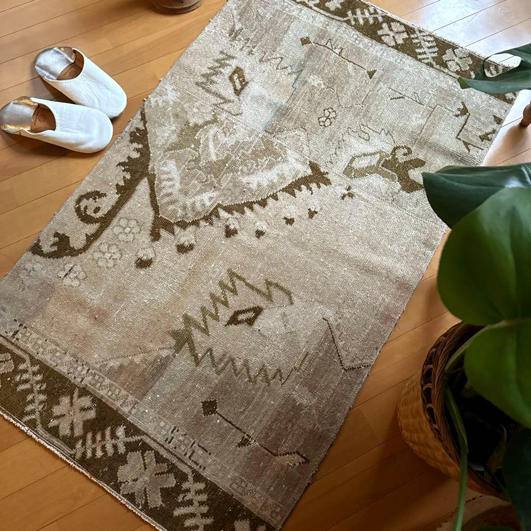 71×124ウール　ベージュ×ブラウン　パッチワーク　トルコヴィンテージラグ