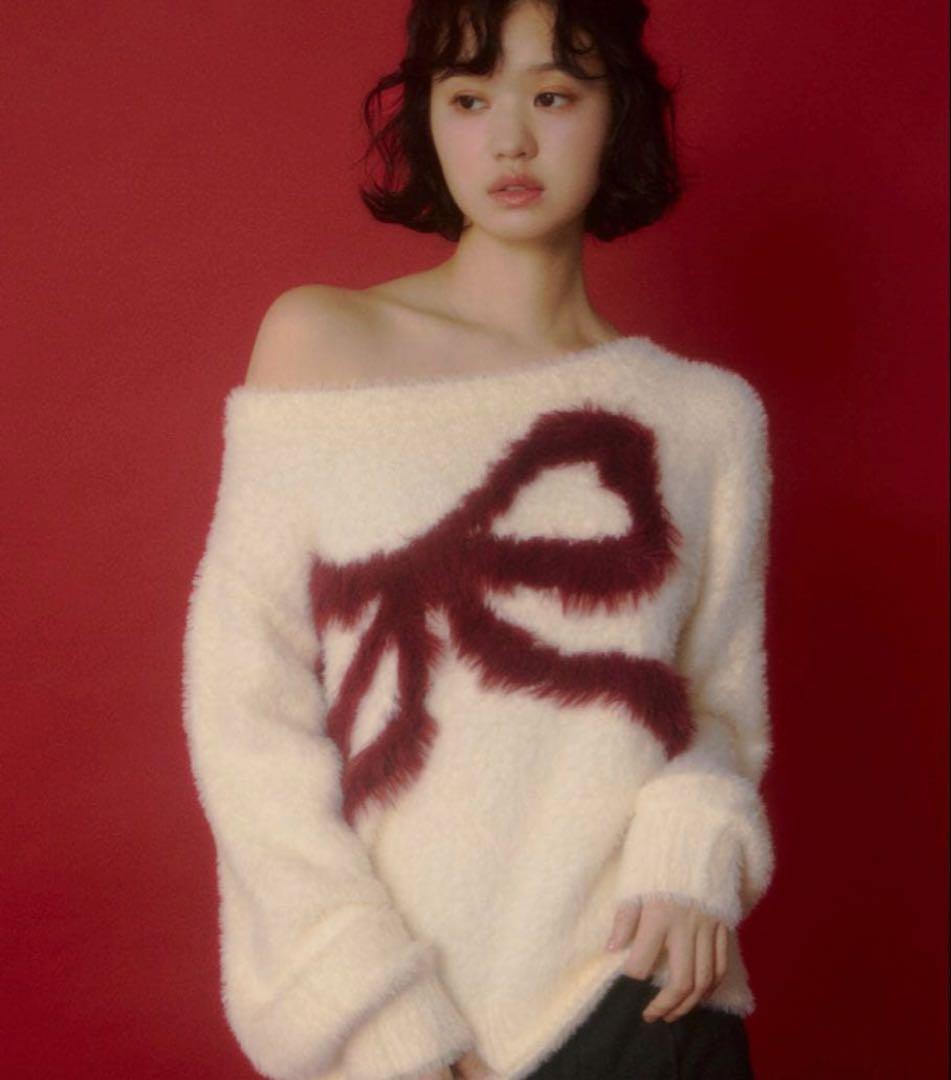 SLY ワンショルダー リボン ニット トップス ホワイト オフショル