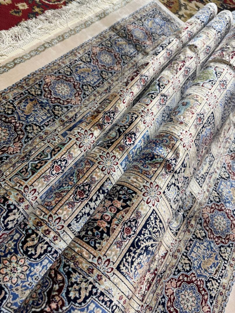 イラン製 ペルシャ絨毯 カシャーン 優雅な艶　高密度 ベージュ×ブルー