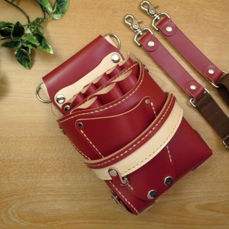 赤色＆ナチュラル　８丁差し　本革シザーケース　SCA-143/CRA