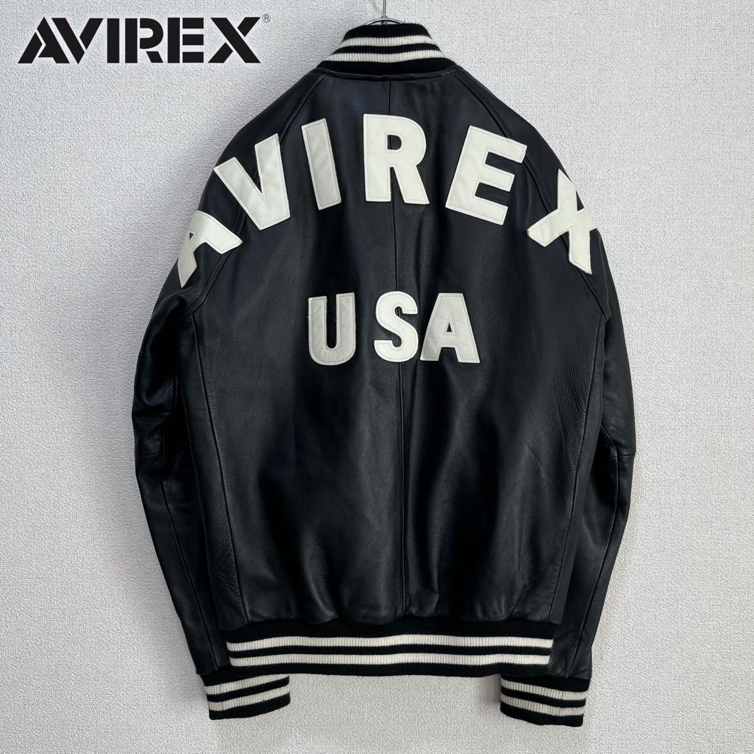 【美品】AVIREX ラムレザー ブルゾン アーチロゴ ブラック M