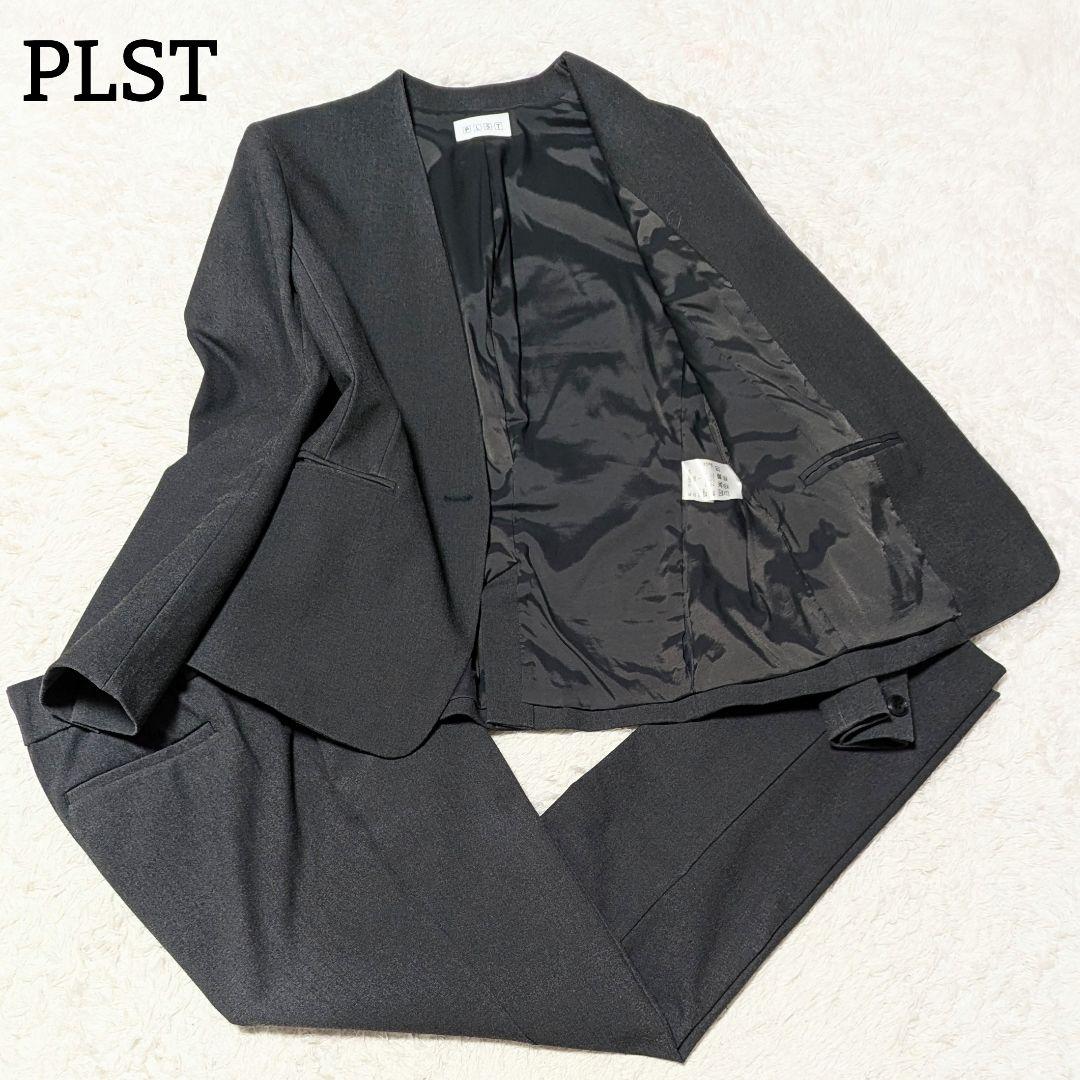 プラステ ウォームリザーブパンツスーツ ノーカラー 通勤 チャコールグレー L