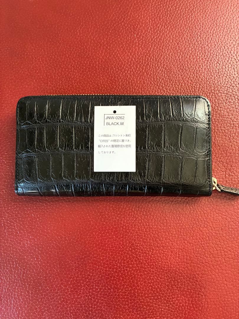 クロコダイル ラウンド長財布 メタルファスナー ブラック マット仕上げ 三京商会