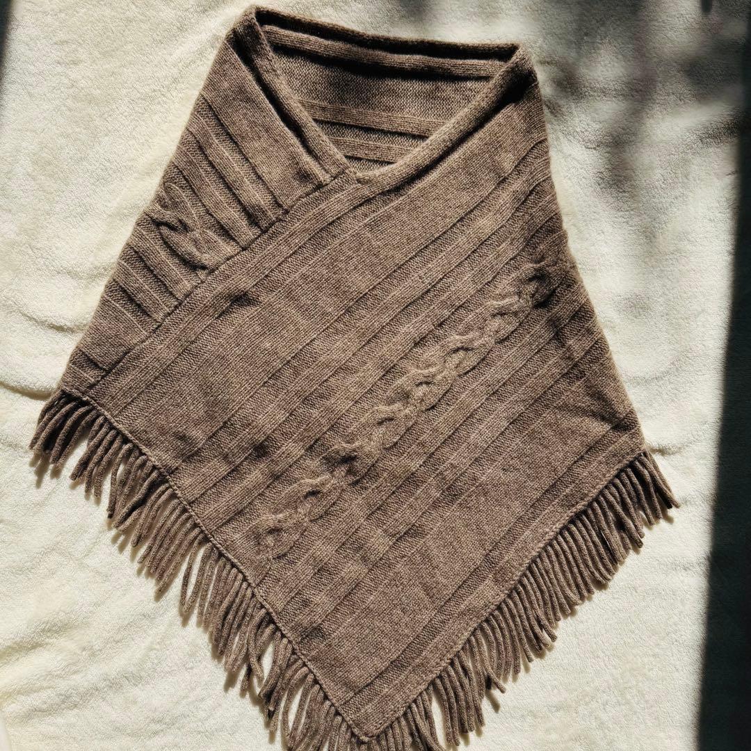 内モンゴル産　ヤクカシミヤ 100 ニット ポンチョ　フリンジ付き ブラウン系