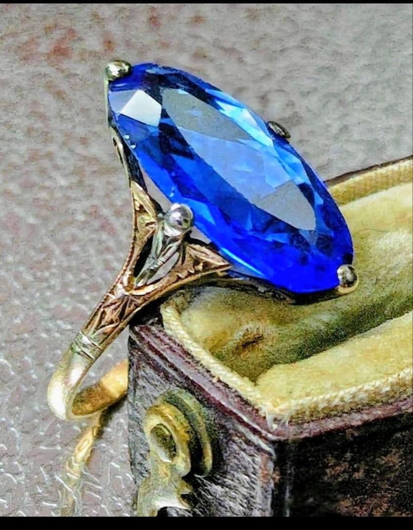 希少✨️戦前✧*。K18 合成サファイア ２色金 昭和ヴィンテージリング 6号