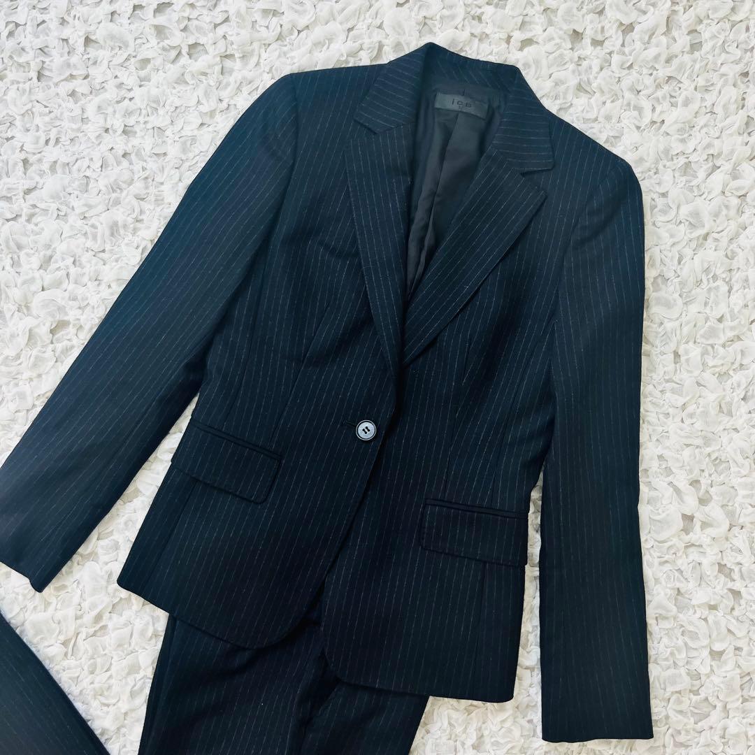iCBアイシービー ストライプウールセットアップパンツスーツ カシミヤ混 ML紺