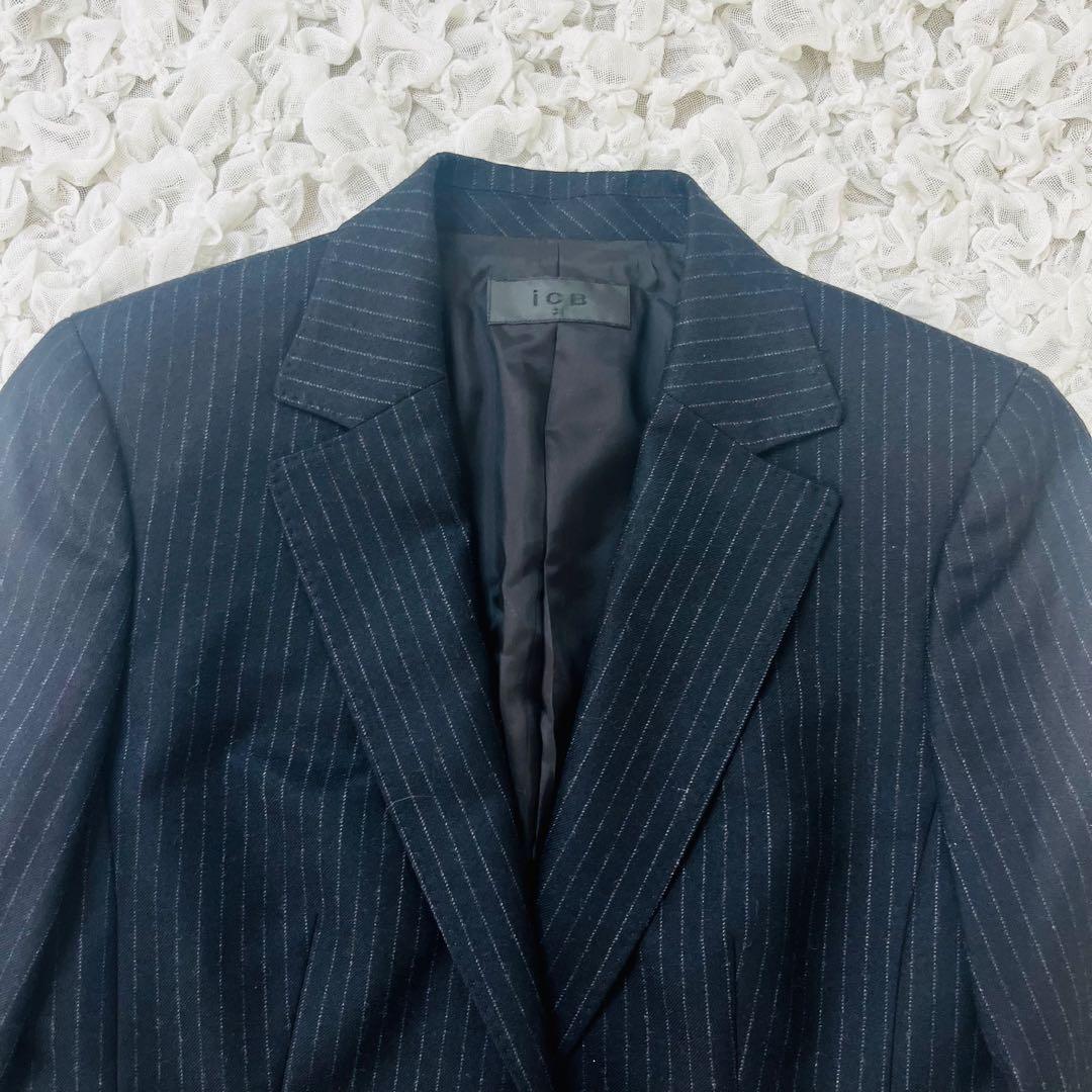 iCBアイシービー ストライプウールセットアップパンツスーツ カシミヤ混 ML紺