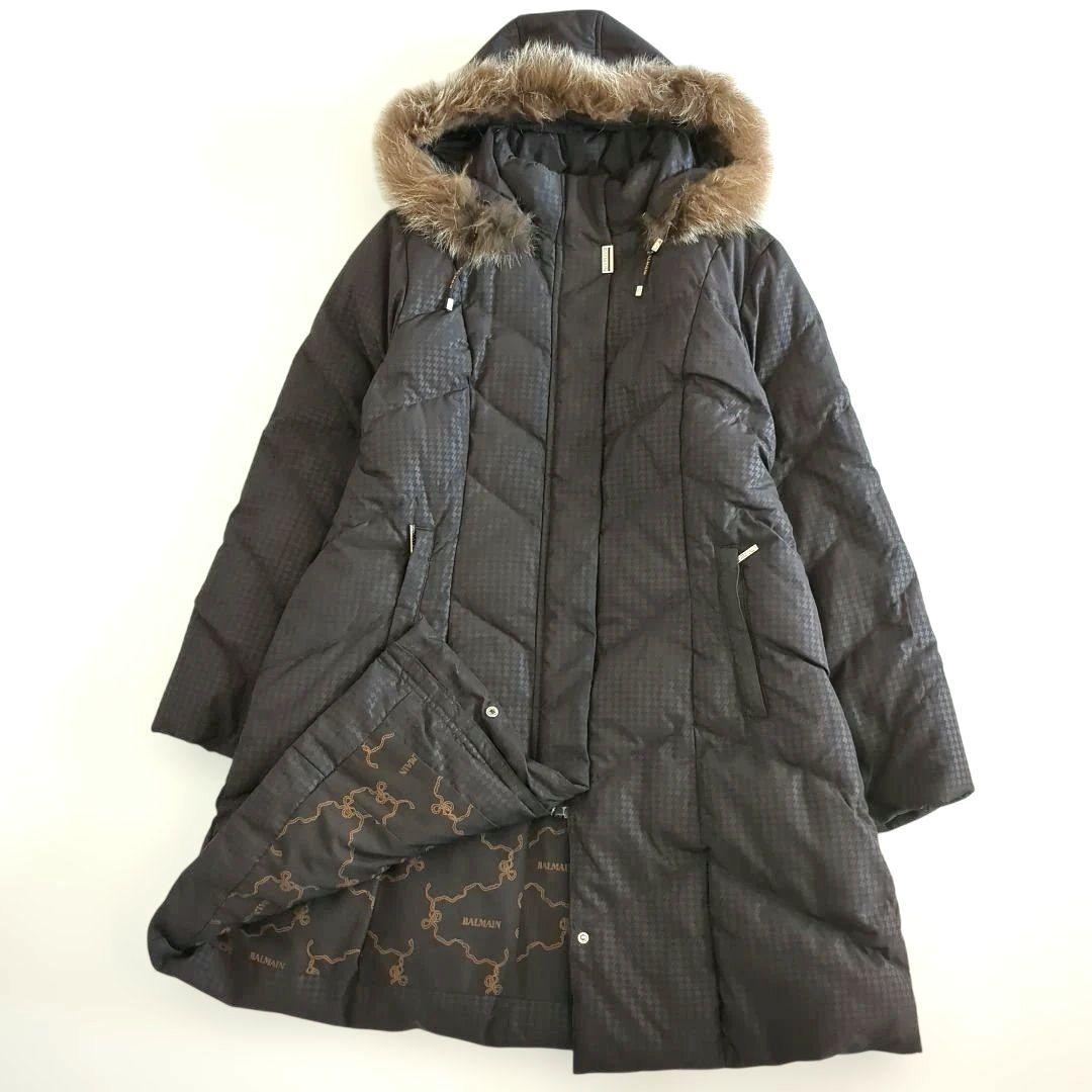 極美品★バルマン ダウンコート フード フォックスファー L総柄 ダークブラウン