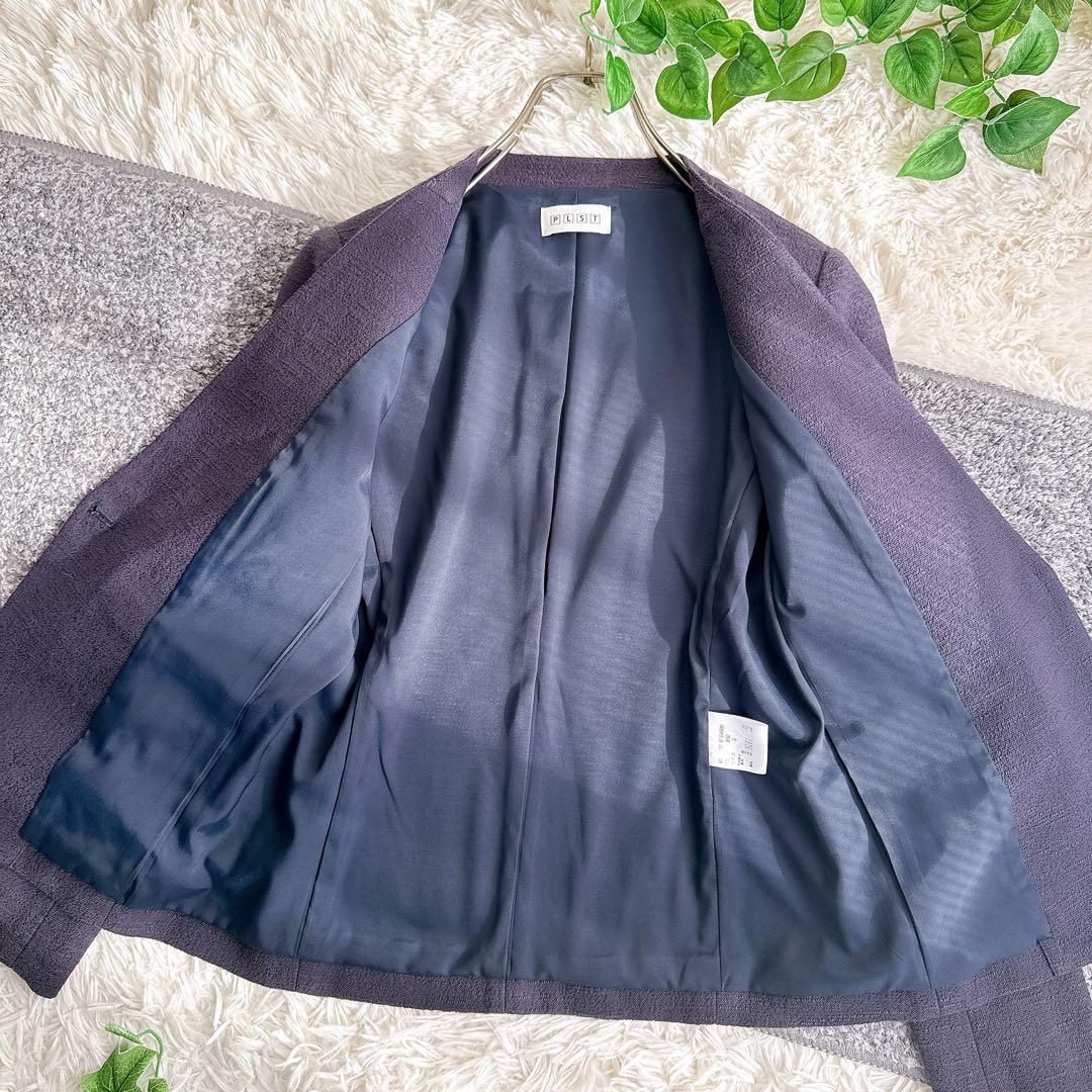 プラステ　スーツ　セットアップ　ノーカラー　パンツ　美シルエット　ネイビー