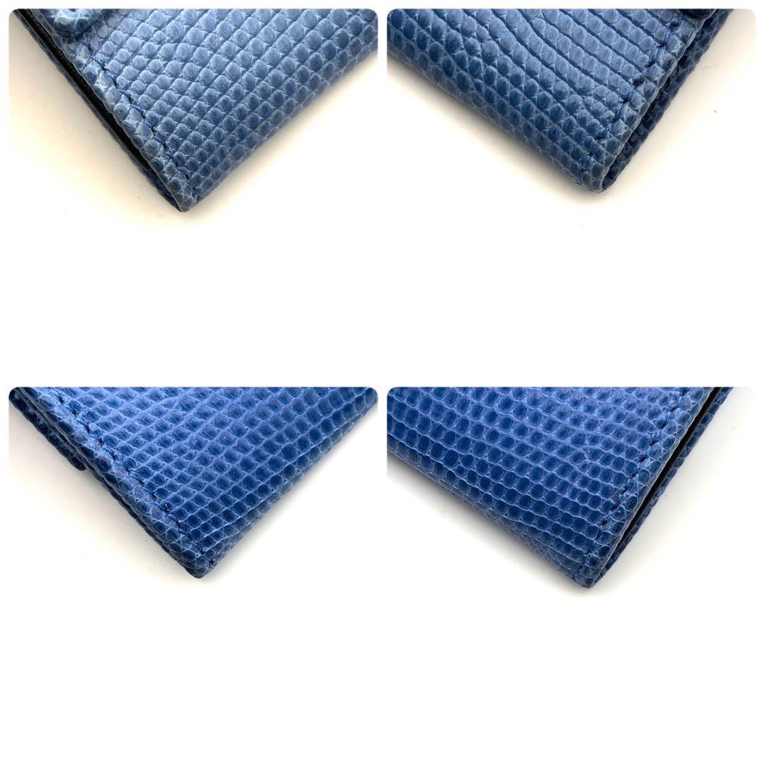 希少/極美品● ブルガリ 長財布 二つ折り ロゴ金具 リザード ブルー レザー