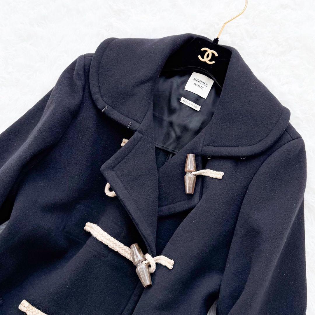 名品 HERMES ウールダッフルコート アウター ショート丈 ブラック 38