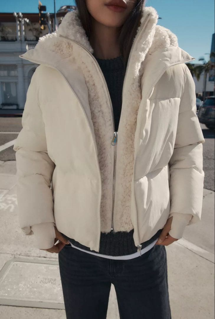 【ZARA】フェイクシープスキンフード付き撥水ウィンドブレーカー アノラック L