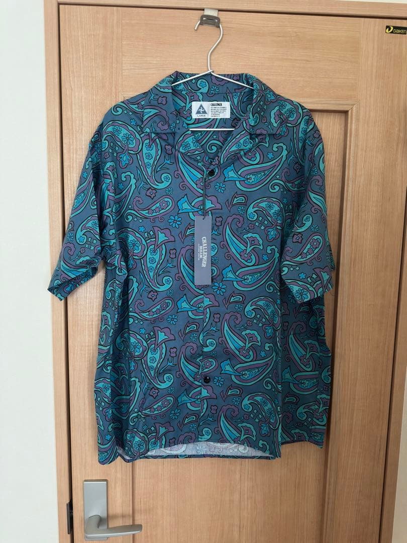 ア*ロ様 CHALLENGER 半袖シャツ Lサイズ ブルーグレー×パープル