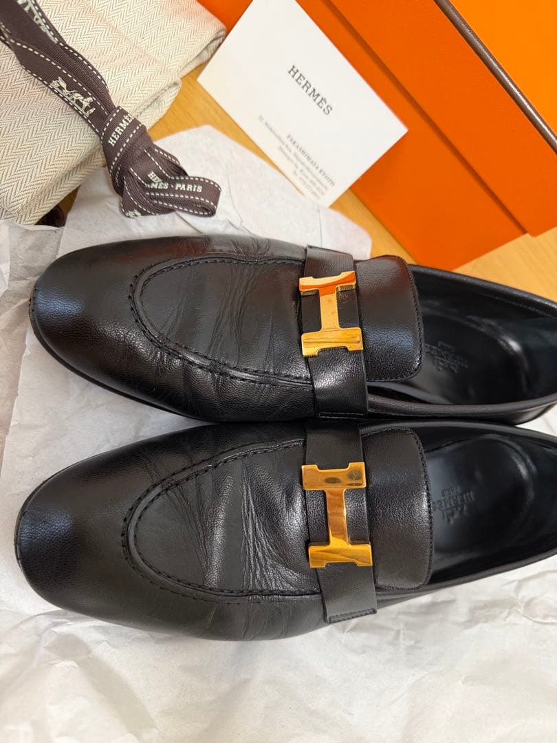 HERMES エルメス モカシンパリ ローズゴールド 金具 黒　39