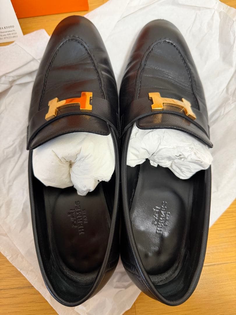 HERMES エルメス モカシンパリ ローズゴールド 金具 黒　39