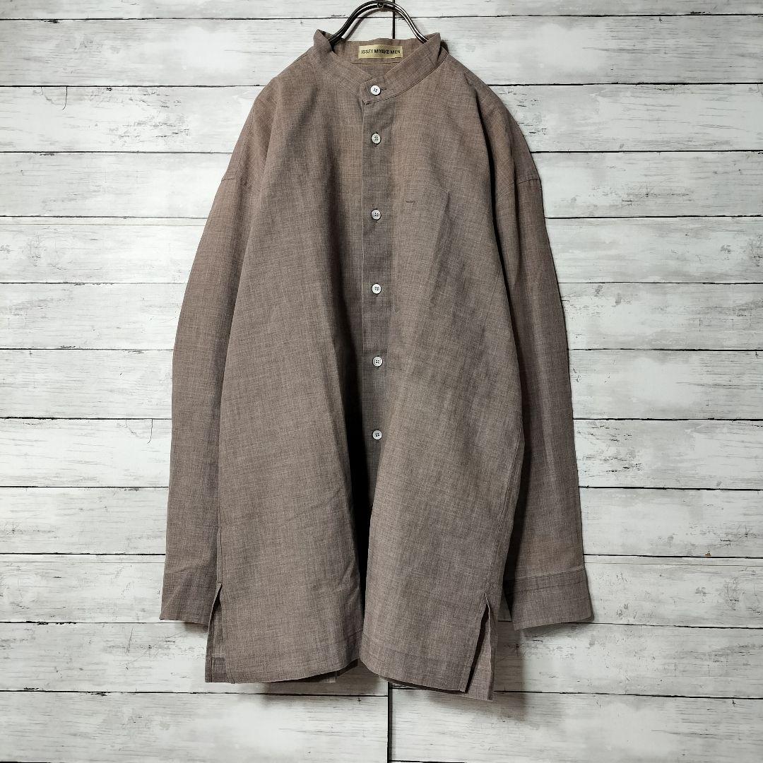 イッセイミヤケメン ノーカラーシャツ スタンドカラー 長袖 ポリエステル リネン