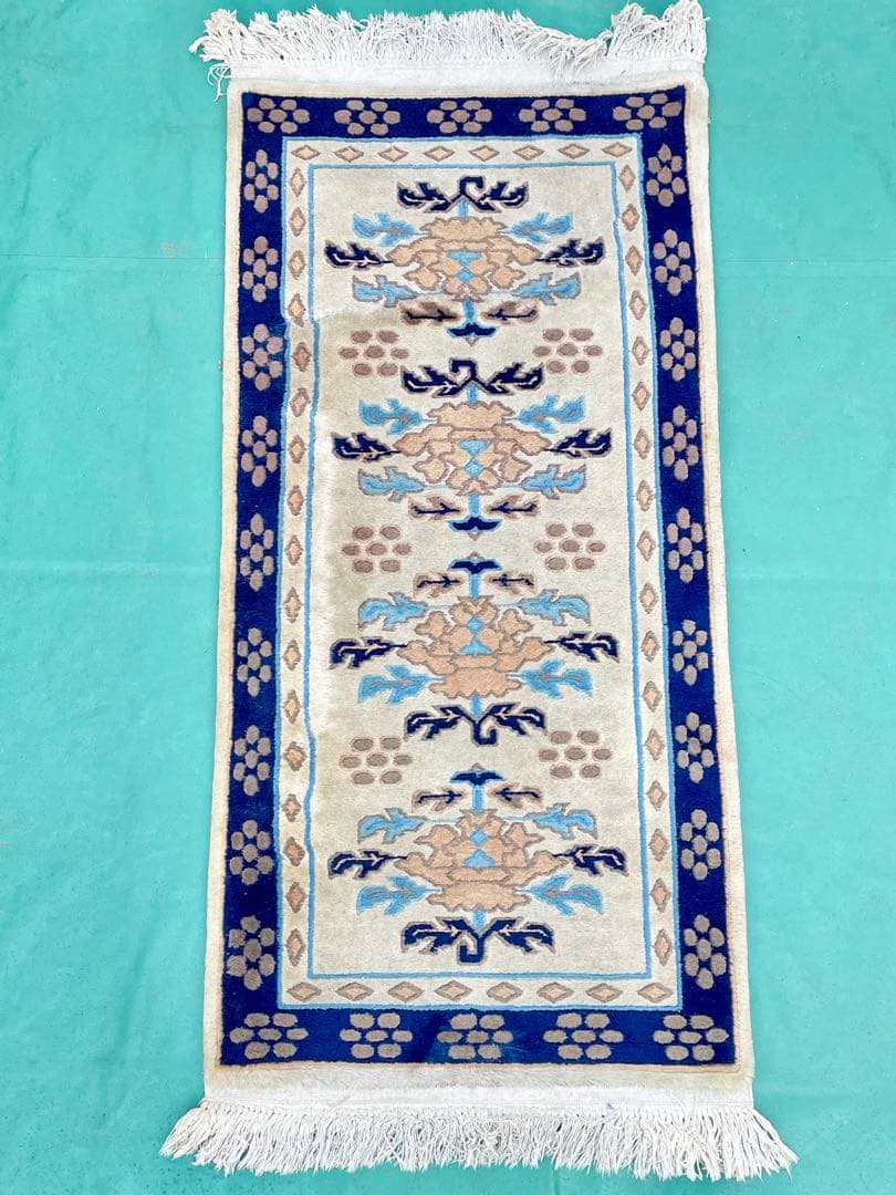 ヴィンテージ 中国段通 ウール ラグ 玄関マット カーペット 花柄