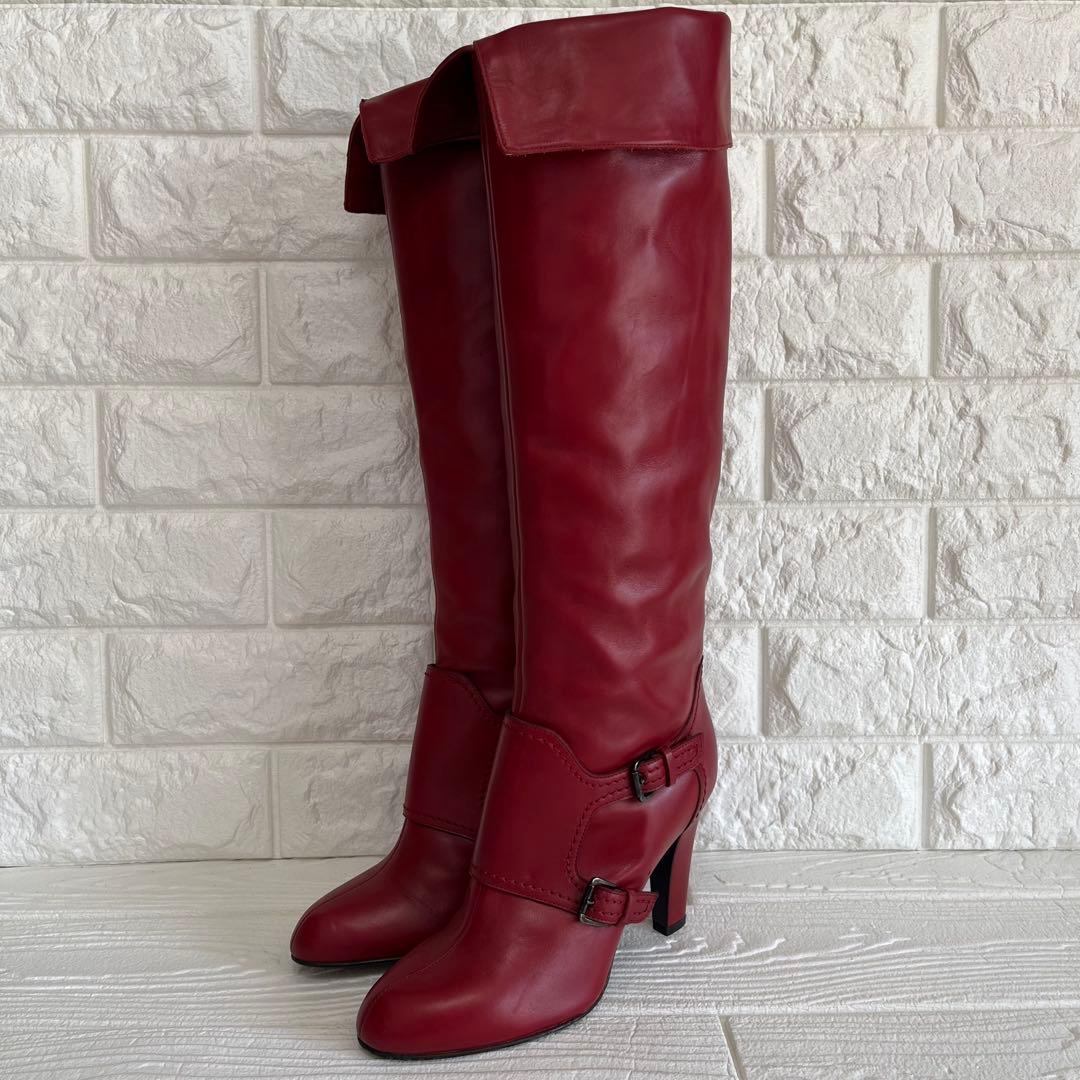 【極美品】Sergio rossiレッド 本革ロング ブーツ 22.5ベルト装飾