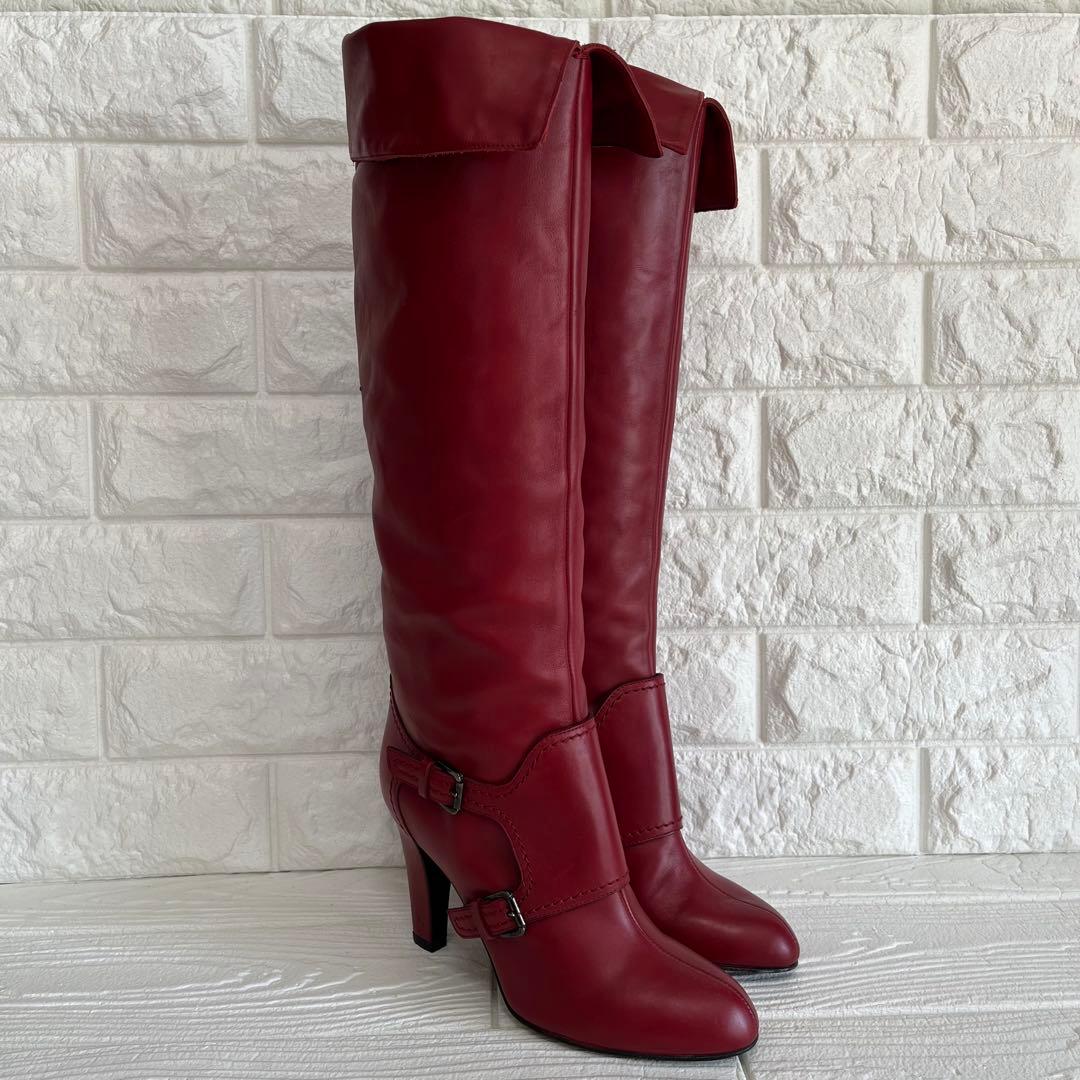 【極美品】Sergio rossiレッド 本革ロング ブーツ 22.5ベルト装飾