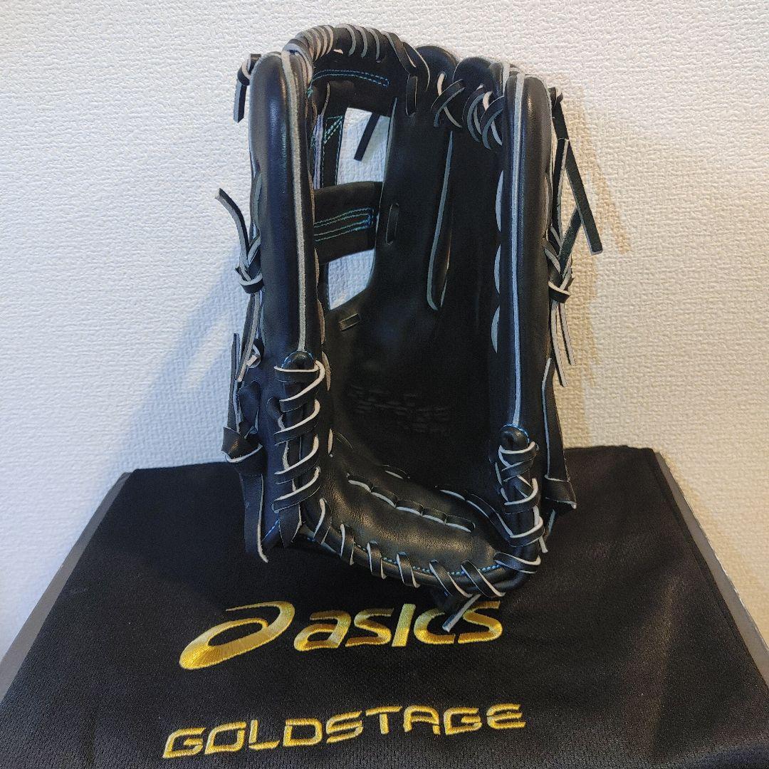 ASICS　ゴールドステージ　硬式　外野　ブラック×ブルーステッチ 湯もみ