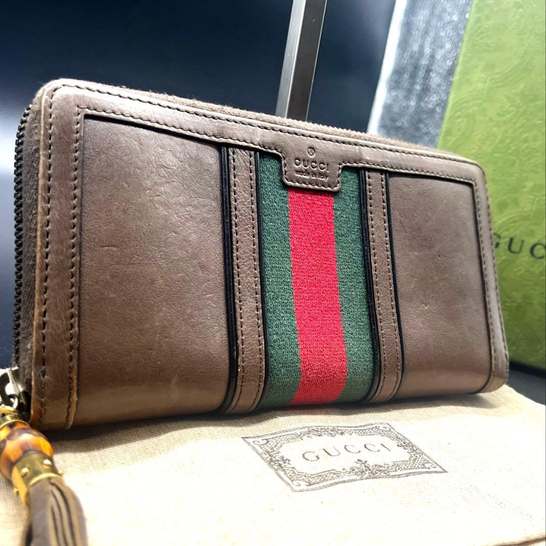 希少✨グッチ 長財布 ラウンドファスナー 本革 ブラウン シェリー 353651
