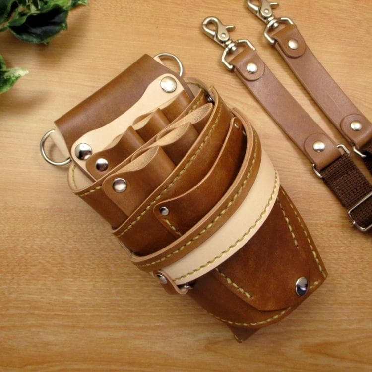 手染めキャメル＆ナチュラル　６丁差し　本革シザーケース　SCA-158/NCA